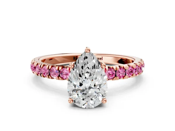 Pear Cut Diamond Pave Band Solitaire Ring with Round Pink Sapphire and Prong Setting Rose gold