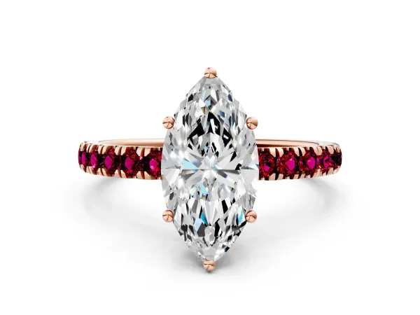 Marquise Cut Diamond Pave Band Solitaire Ring with Round Garnet and Prong Setting Rose gold