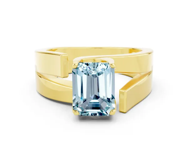 Modern Tension Set Emerald Cut Aquamarine Solitaire Wide Band Ring Yellow gold