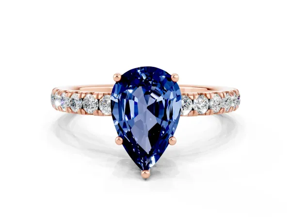 Pear Cut Blue Sapphire Pave Band Solitaire Ring with Round and Prong Setting Rose gold