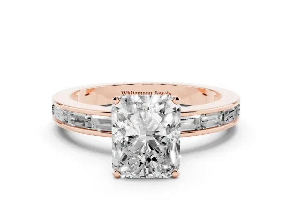 Radiant Cut Solitaire Diamond Ring with Channel-Set Baguette Band and Four-Prong Setting Rose gold