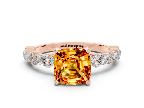 Cushion Cut Citrine Side Stone Solitaire Ring with Round and Four-Prong Setting Rose gold
