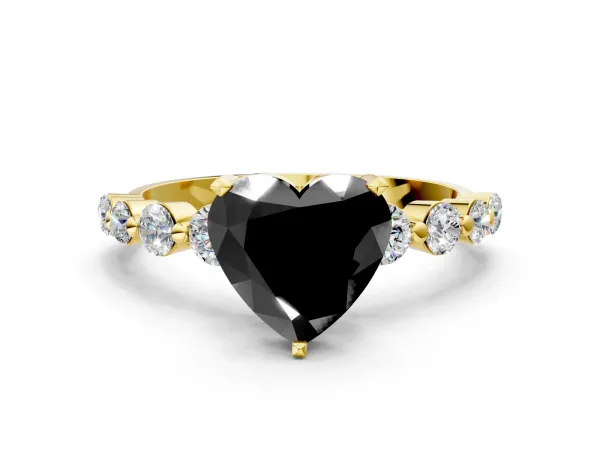 Fancy Black Heart Cut Solitaire Diamond Ring with Pave Band and Four-Prong Setting Yellow gold
