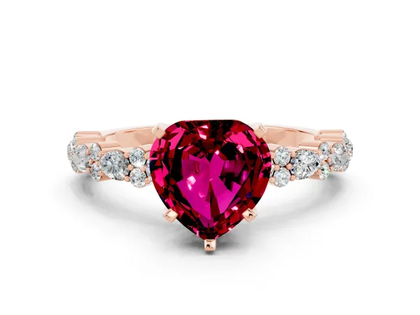 Heart Cut Garnet Side Stone Solitaire Ring with Round and Four-Prong Setting Rose gold