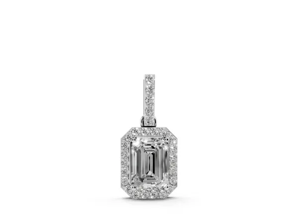 Emerald Cut Halo Diamond Pendant with Prong Setting White gold