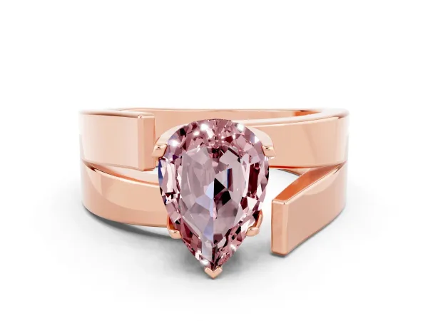 Modern Tension Set Pear Cut Morganite Solitaire Wide Band Ring Rose gold