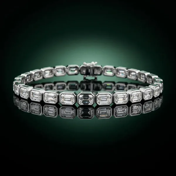 East-West Emerald Cut Diamond Tennis Bracelet with Bezel Setting Silver