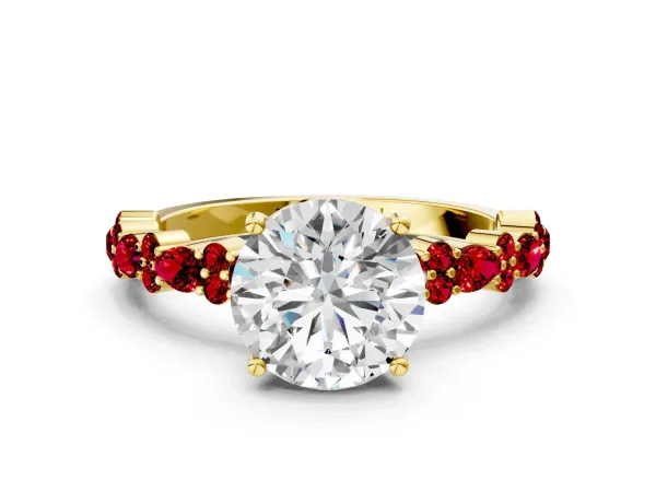 Round Cut Diamond Side Stone Solitaire Ring with Round Ruby and Four-Prong Setting Yellow gold