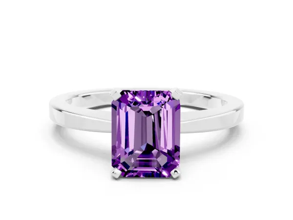 Emerald Cut Amethyst Solitaire Engagement Ring with Classic Band and Four-Prong Setting Silver