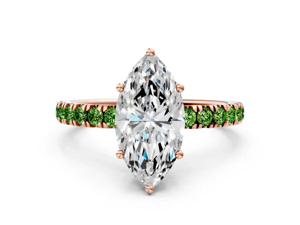 Marquise Cut Diamond Pave Band Solitaire Ring with Round Peridot and Prong Setting Rose gold