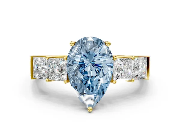 Fancy Blue Pear Cut Solitaire Princess Side Stone Engraved Band Prong Setting Ring Yellow gold