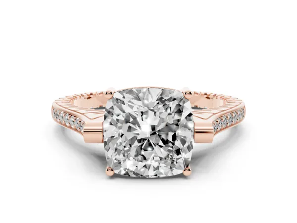 Cushion Cut Solitaire Diamond Ring with Channel Set Band and Bezel Prong Setting Rose gold