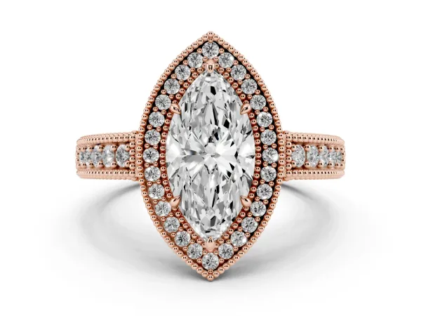 Marquise Cut Cut Halo Diamond Ring with Pavé Band and Four-Prong Setting Rose gold