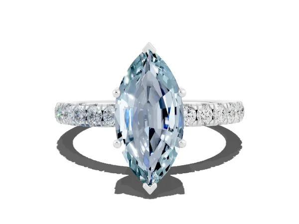Marquise Cut Aquamarine Pave Band Solitaire Ring with Round and Prong Setting White gold