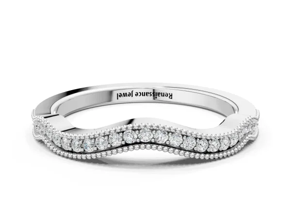 Pavé Round Diamond Curved Milgrain Band Silver