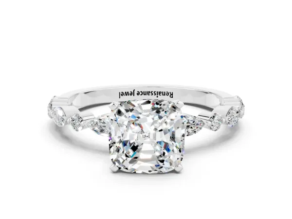 Cushion Cut Moissanite Ring with Marquise and Round Side Stones and Four-Prong Setting Platinum