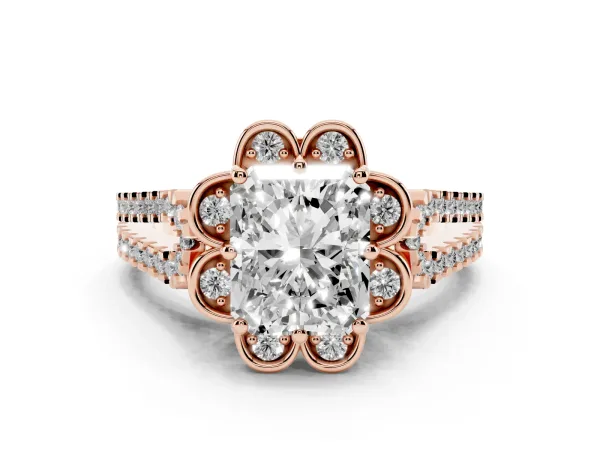 Radiant Cut Halo Diamond Floral Split Shank Engagement Ring Rose gold