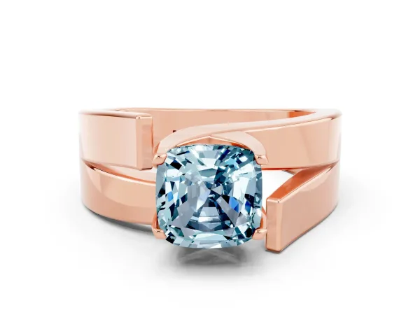 Modern Tension Set Cushion Cut Aquamarine Solitaire Wide Band Ring Rose gold