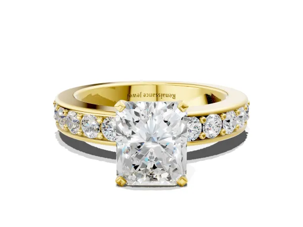 Radiant Cut Diamond Engagement Ring with Channel Set Round Band and Prong Setting Yellow gold