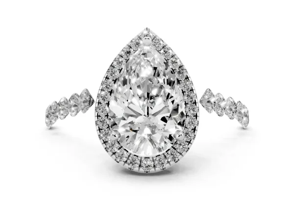 Pear Cut Halo Pavé Diamond Engagement Ring with Four-Prong Setting White gold