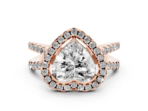 Heart Cut Diamond Halo Ring with Split Shank Pavé Band and Prong Setting Rose gold