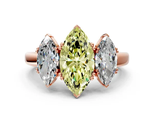 Fancy Yellow Three-Stone Marquise Cut Cut Diamond Ring with Channel Set Band and Four-Prong Setting Rose gold