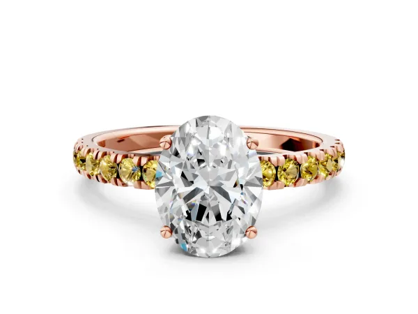 Oval Cut Diamond Pave Band Solitaire Ring with Round Yellow Sapphire and Prong Setting Rose gold