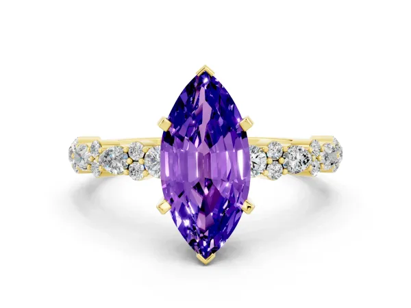Marquise Cut Tanzanite Side Stone Solitaire Ring with Round and Four-Prong Setting Yellow gold