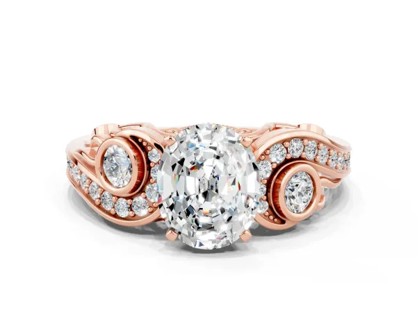 Oval Cut Moissanite Solitaire Ring with Milgrain Pavé Band and Four-Prong Setting Rose gold