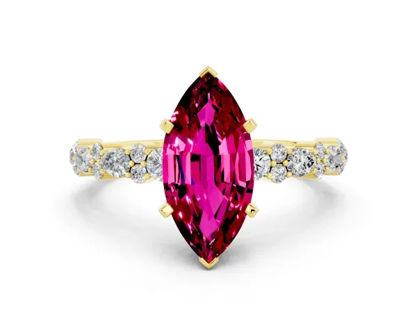 Marquise Cut Garnet Side Stone Solitaire Ring with Round and Four-Prong Setting Yellow gold