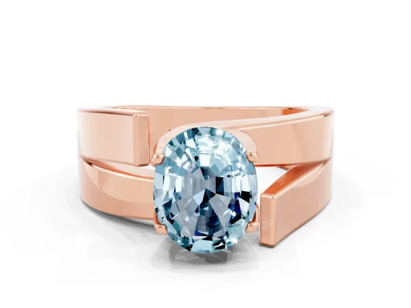 Modern Tension Set Oval Cut Aquamarine Solitaire Wide Band Ring Rose gold