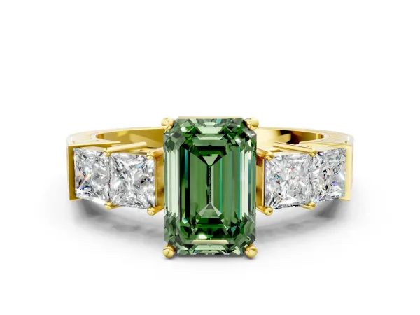 Fancy Green Emerald Cut Solitaire Princess Side Stone Engraved Band Prong Setting Ring Yellow gold