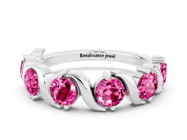 Round Pink Sapphire Half Eternity Band with Wave Prong Setting Platinum