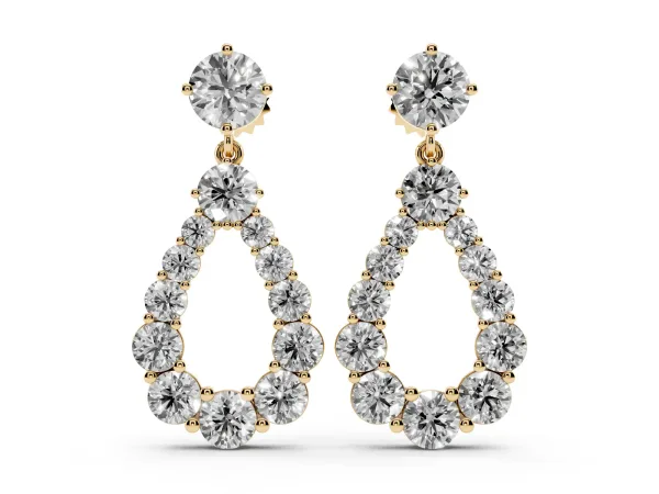 Round Cut Diamond Graduated Shared Prong Drop Earrings Yellow gold