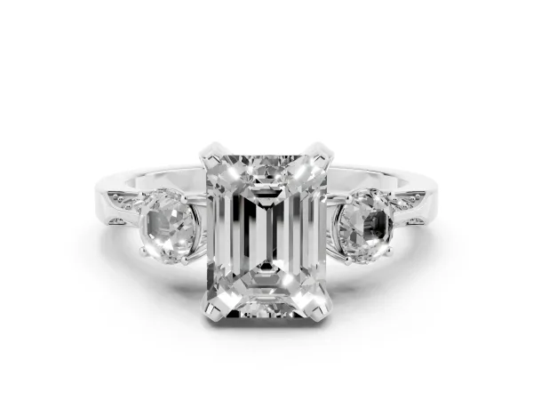Emerald Cut Brilliant Three-Stone Diamond Ring with Pavé Band and Four-Prong Setting White gold