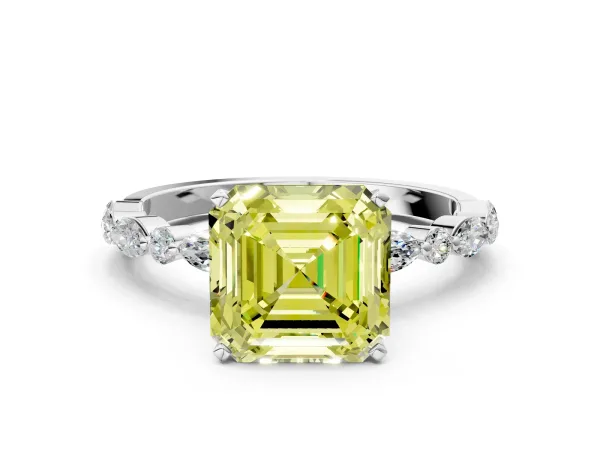 Fancy Yellow Asscher Cut Diamond Ring with Marquise and Round Side Stones and Four-Prong Setting Platinum