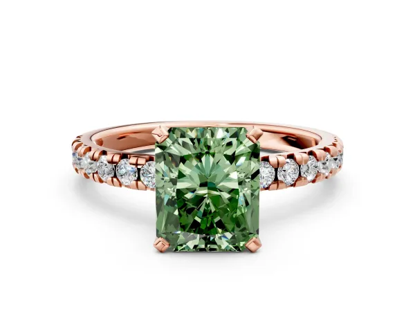 Fancy Green Radiant Cut Diamond Solitaire Pavé Engagement Ring with Round Band and Prong Setting Rose gold