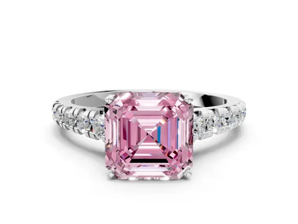 Fancy Pink Asscher Cut Diamond Cathedral Solitaire Ring with Round Pavé Band Platinum