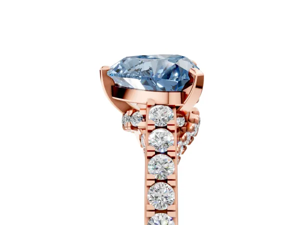 Fancy Blue Heart Cut Diamond Solitaire Ring with Crossover Gallery and Round Pavé Band Rose gold
