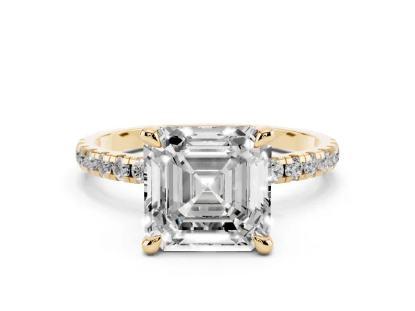 Asscher Cut Diamond Brilliant Solitaire Ring with Pavé Band and Four-Prong Setting Yellow gold