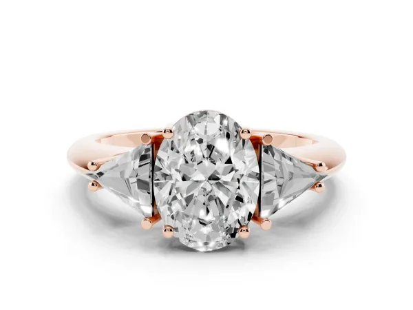 Three-Stone Oval Cut Diamond Engagement Ring with Trillion Side Stones and Prong Setting Rose gold