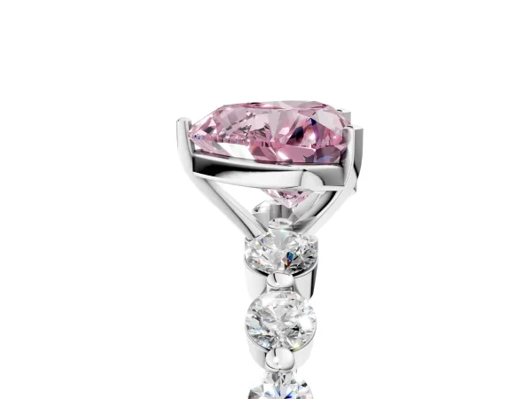 Fancy Pink Heart Cut Solitaire Diamond Ring with Pave Band and Four-Prong Setting Platinum