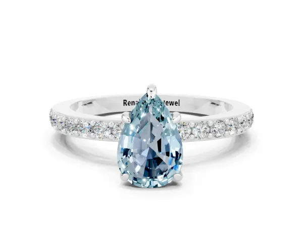 Pear Cut Aquamarine Solitaire Engagement Ring with Pavé Band and Four-Prong Setting Platinum