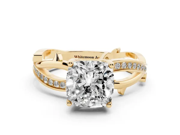 Cushion Cut Solitaire Twist Band with Pavé Accents and Four-Prong Setting Yellow gold