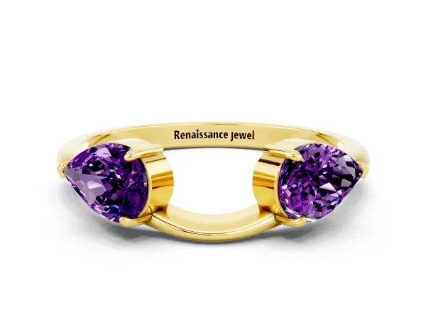 Two-Stone Pear Amethyst Bypass Ring with Prong Setting Yellow gold