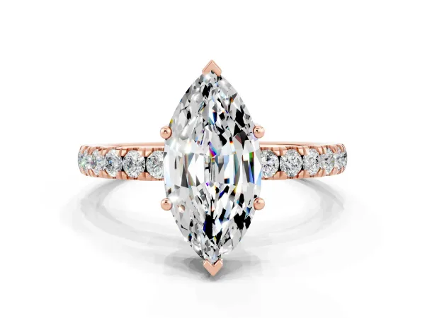 Marquise Cut Moissanite Pave Band Solitaire Ring with Round and Prong Setting Rose gold