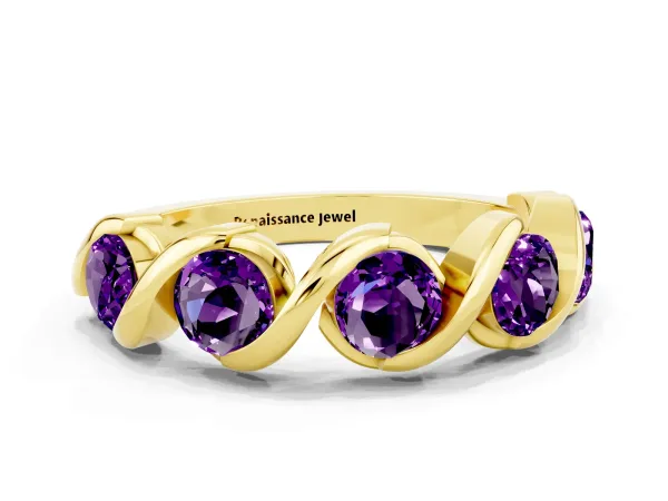 Round Amethyst Wave Band with Channel Setting and Shared Prongs Yellow gold