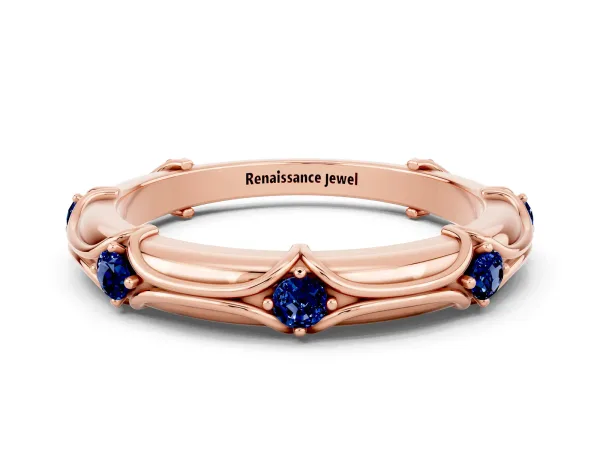 Round Blue Sapphire Prong Set Milgrain Eternity Band Rose gold
