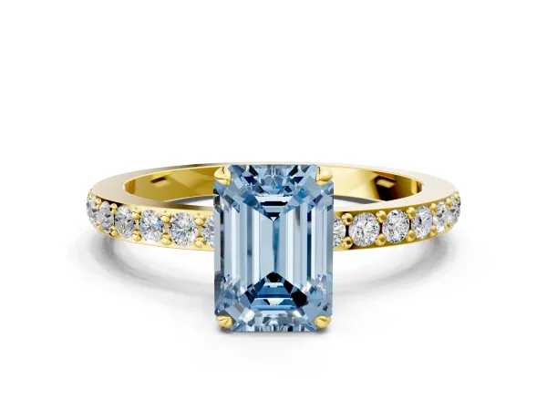 Fancy Blue Emerald Cut Diamond Solitaire Engagement Ring with Pavé Band and Four-Prong Setting Yellow gold