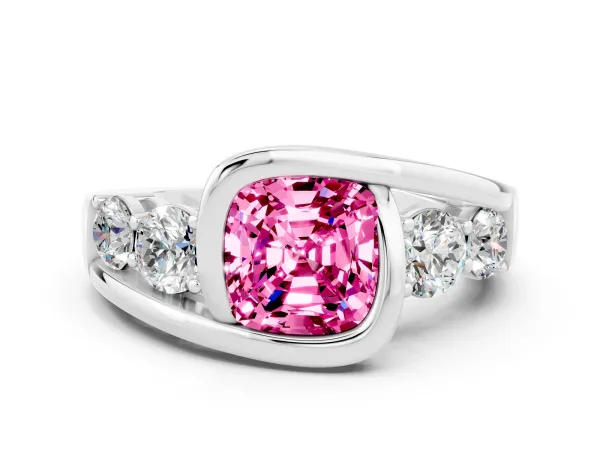 Bezel Set Cushion Cut Pink Sapphire Bypass Ring with Round Accents Platinum